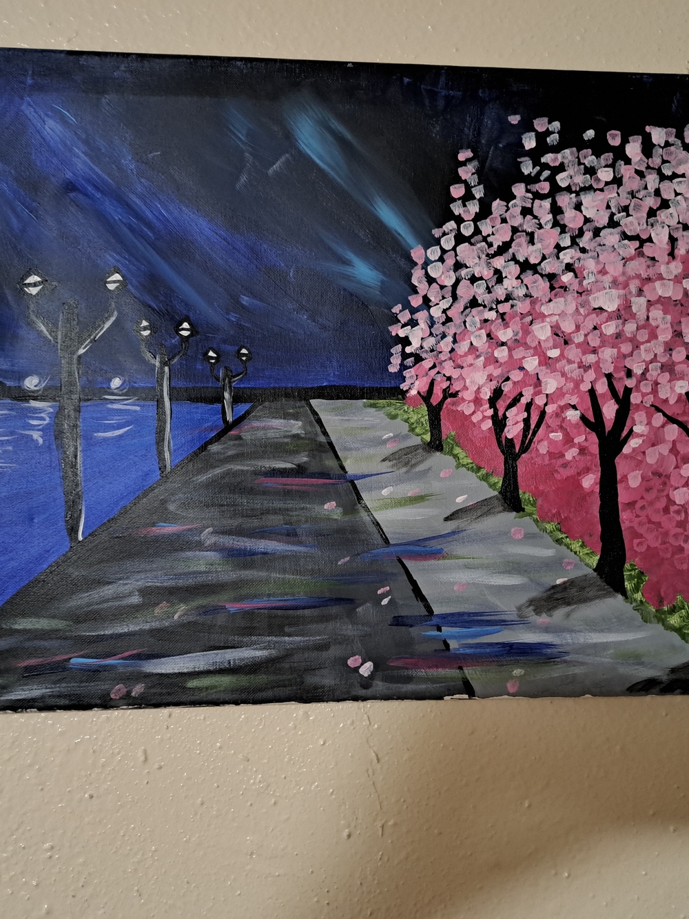Hand-Painted Cherry Blossom Pathway Canvas Art - Pink Blue 16" x 21"
